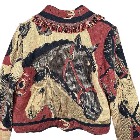 VINTAGE Cropped Horse Print Fringed Throw Blanket Western Jacket - Picture 6 of 14